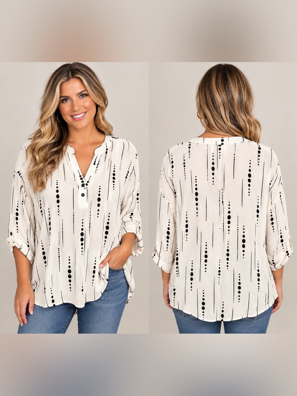 Cure Black & Cream Abstract Geometric Blouse Size XL EUC